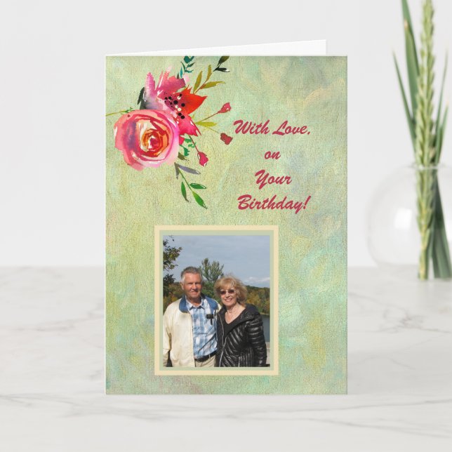 Watercolor Flowers and Photo Birthday Card (Front)