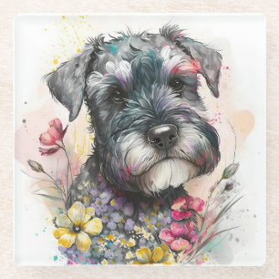 Watercolor Flowers and Schnauzer Puppy Glass Coaster