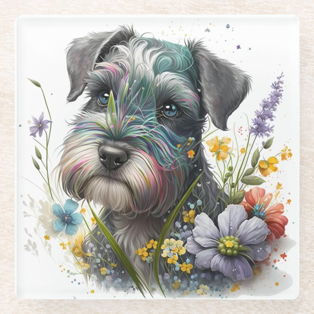 Watercolor Flowers and Schnauzer Puppy Glass Coaster (Front)