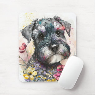 Watercolor Flowers and Schnauzer Puppy Mouse Mat