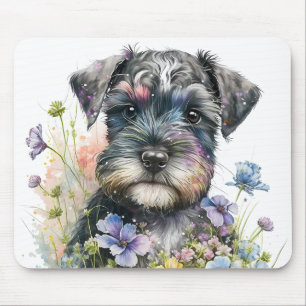 Watercolor Flowers and Schnauzer Puppy Mouse Mat
