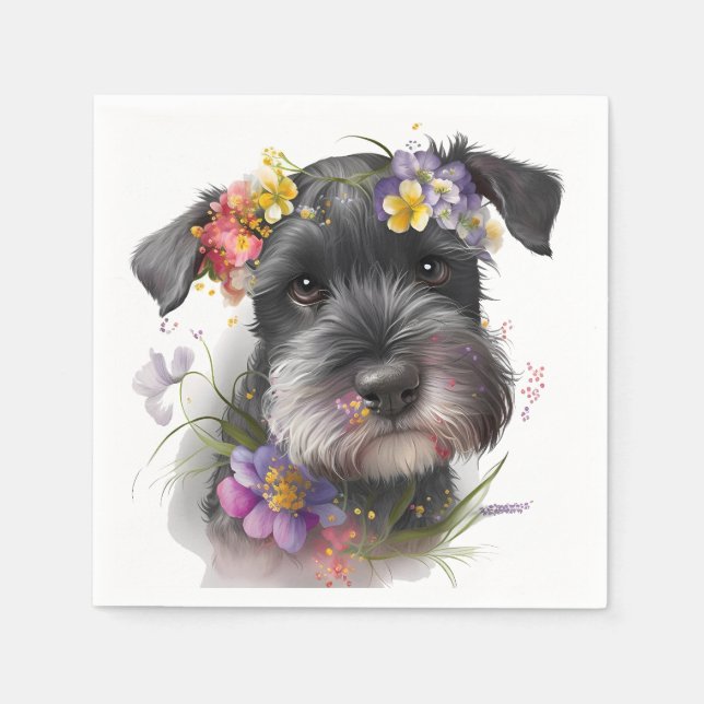 Watercolor Flowers and Schnauzer Puppy Napkin (Front)