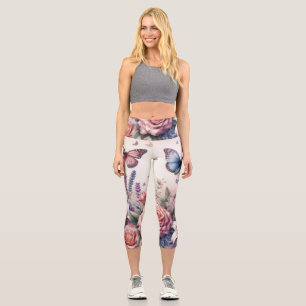 Watercolor Flowers and sea and seashells on beach Capri Leggings