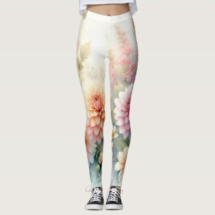Watercolor Flowers and sea and seashells on beach Leggings