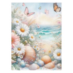 Watercolor Flowers and sea and seashells on beach Tablecloth