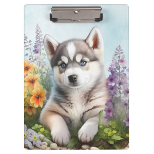Watercolor Flowers and Siberian Husky Clipboard