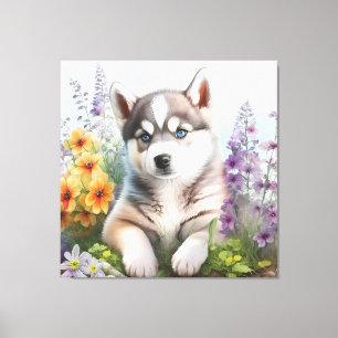 Watercolor Flowers and Siberian Husky Puppy Canvas Print