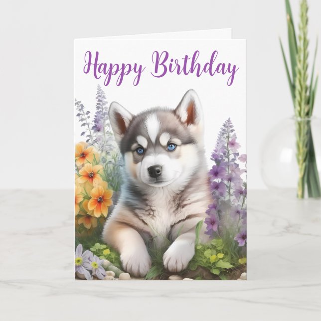 Watercolor Flowers and Siberian Husky Puppy Card (Front)
