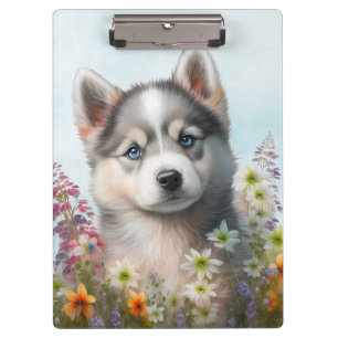 Watercolor Flowers and Siberian Husky Puppy Clipboard