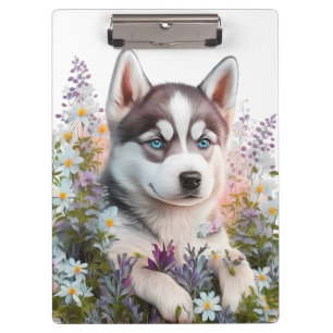Watercolor Flowers and Siberian Husky Puppy Clipboard