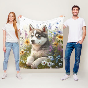 Watercolor Flowers and Siberian Husky Puppy Fleece Blanket
