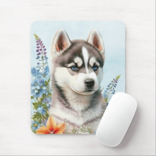 Watercolor Flowers and Siberian Husky Puppy Mouse Mat