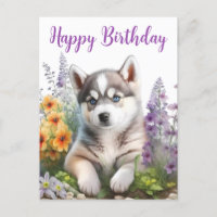 Watercolor Flowers and Siberian Husky Puppy
