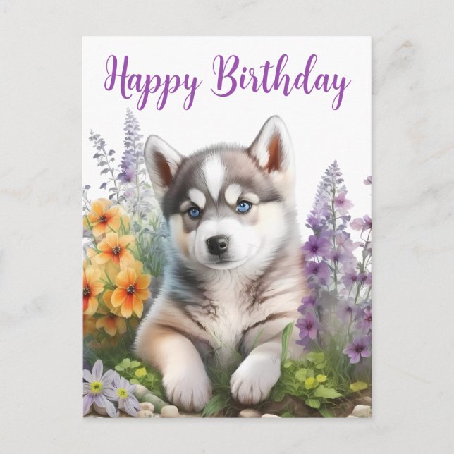 Watercolor Flowers and Siberian Husky Puppy Postcard (Front)