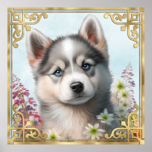 Watercolor Flowers and Siberian Husky Puppy Poster