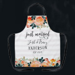 Watercolor Flowers and Striped Just Married Apron<br><div class="desc">Super cute for your honeymoon as newlyweds! Want this design on a different product? Click on "VIEW ALL PRODUCTS" on the upper left of this description and choose the item that you want. You can then adjust the size of this design to fit to the product you've selected. You can...</div>