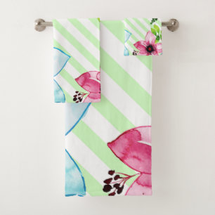 Watercolor flowers and stripes pattern bath towel set