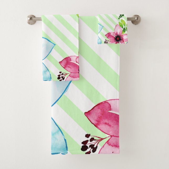 Watercolor flowers and stripes pattern bath towel set (Insitu)