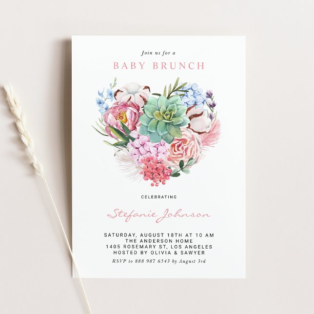 Watercolor Flowers and Succulent Heart Baby Brunch Invitation (Creator Uploaded)
