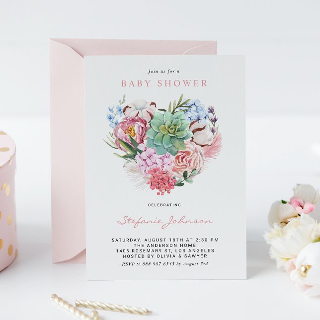 Watercolor Flowers and Succulent Heart Baby Shower Invitation (Creator Uploaded)