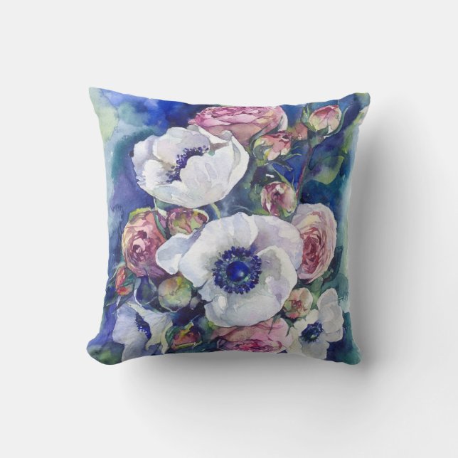 Watercolor flowers anemone roses illustration flow cushion (Front)