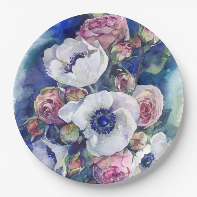 Watercolor flowers anemone roses illustration flow paper plate (Front)