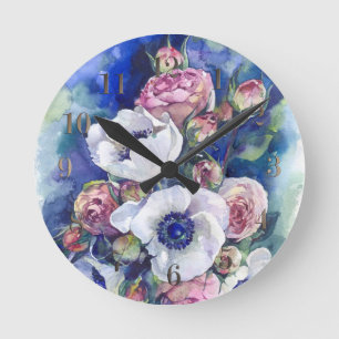 Watercolor flowers anemone roses illustration flow round clock