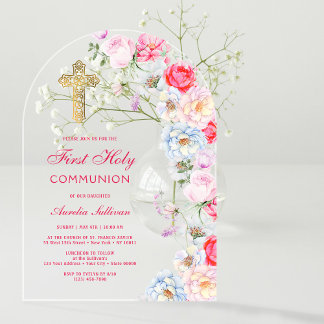 Watercolor Flowers Arch First Communion Acrylic Invitations