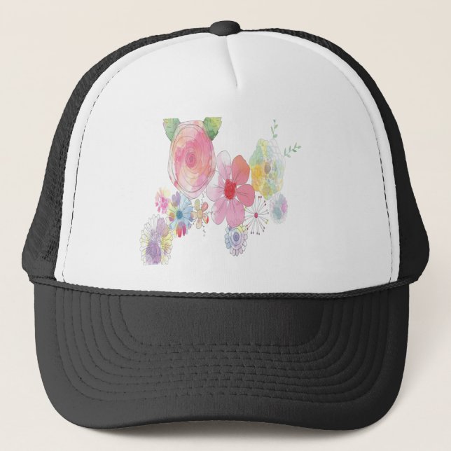 Watercolor Flowers Art Trucker Hat (Front)