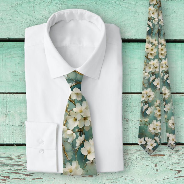 Watercolor Flowers Artistic Design Tie (Tie with an artistic floral design in gold and teal colors with ivory. Beautiful for a wedding ...)