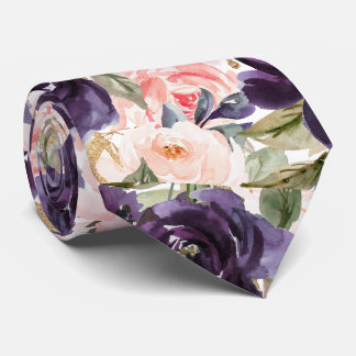 Watercolor Flowers Aubergine Purple Blush Roses Tie