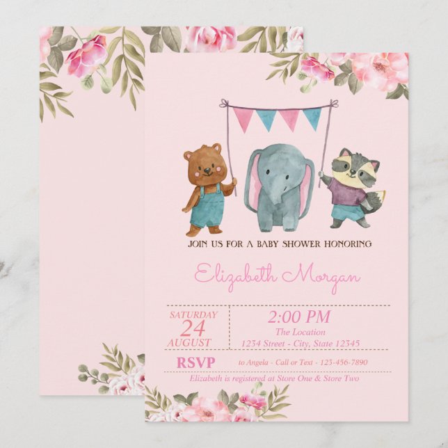 Watercolor Flowers Baby Animals Baby Shower Invitation (Front/Back)