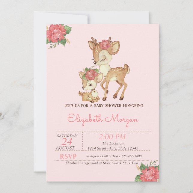 Watercolor Flowers Baby Deers Baby Shower Invitation (Front)