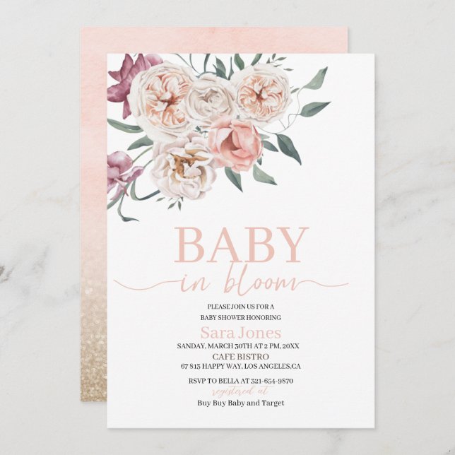 Watercolor Flowers Baby in bloom Baby Shower Invitation (Front/Back)