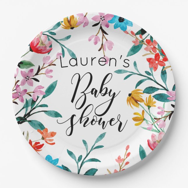 Watercolor Flowers Baby Shower Paper Plate (Front)