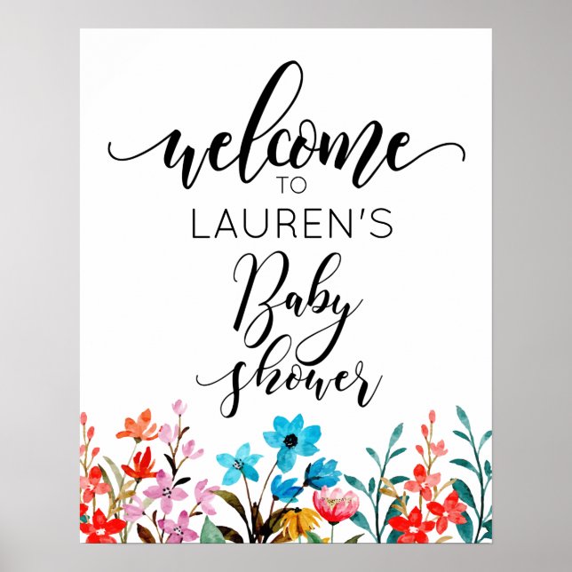 Watercolor Flowers Baby Shower Welcome Poster (Front)