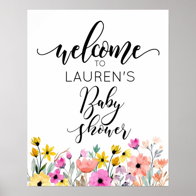 Watercolor Flowers Baby Shower Welcome Poster (Front)