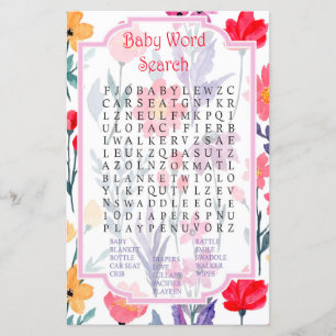 Watercolor flowers Baby Shower Word Search Game
