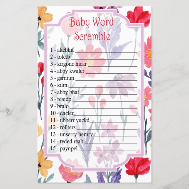 Watercolor flowers Baby word scramble game (Front)