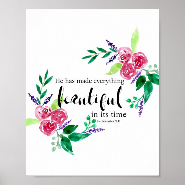 Watercolor Flowers Bible Quote Calligraphy Chic Poster (Front)