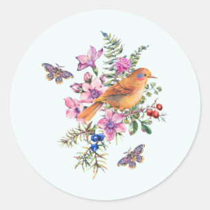 Watercolor Flowers, Bird and Butterfly Classic Round Sticker