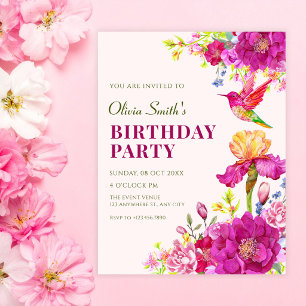 Watercolor flowers bird birthday invitation