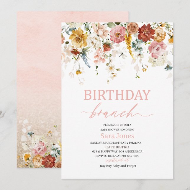Watercolor Flowers Birthday brunch Baby Shower Invitation (Front/Back)