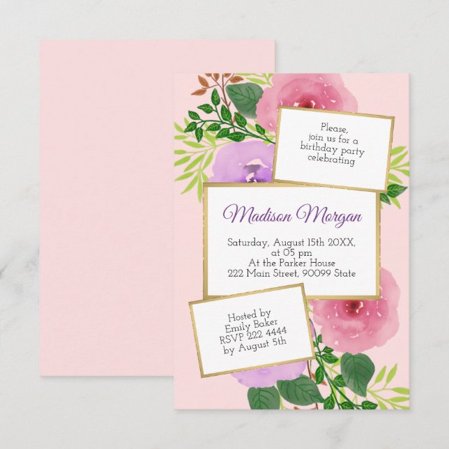 Watercolor Flowers Birthday Invitation (Front/Back)