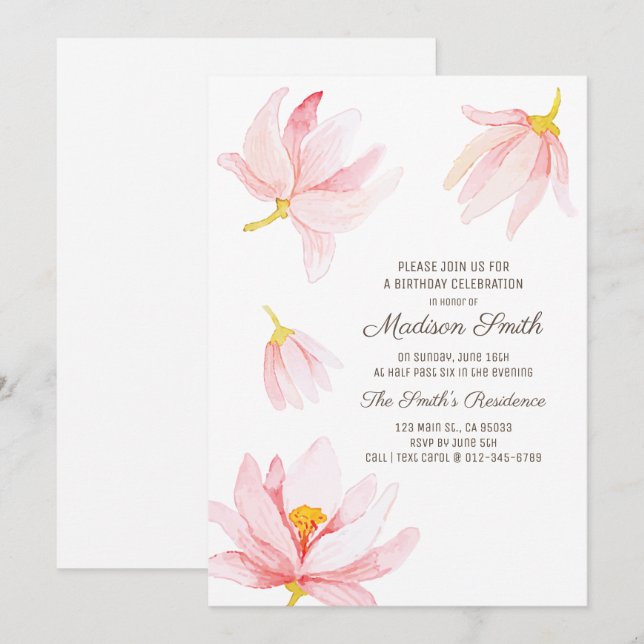 Watercolor Flowers Birthday Party Invitation (Front/Back)
