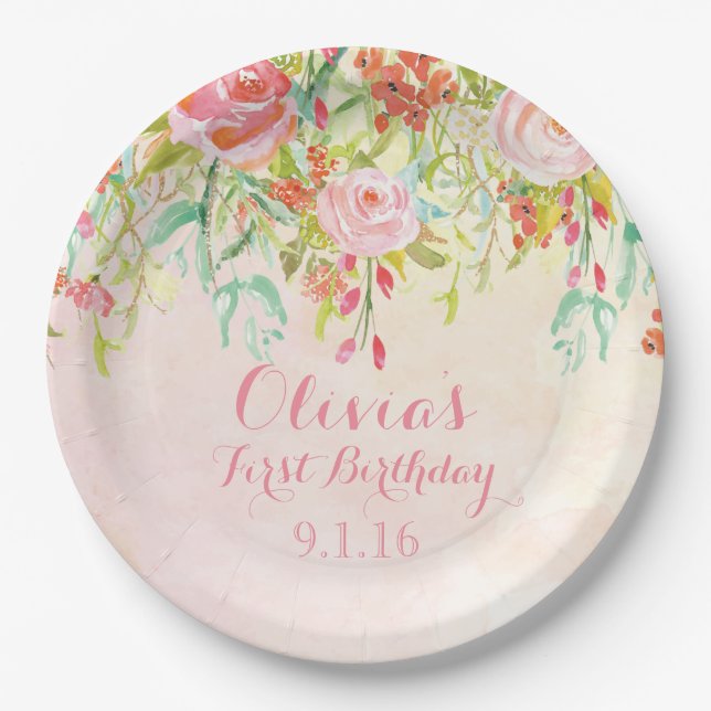 Watercolor Flowers Birthday Party Paper Plates (Front)