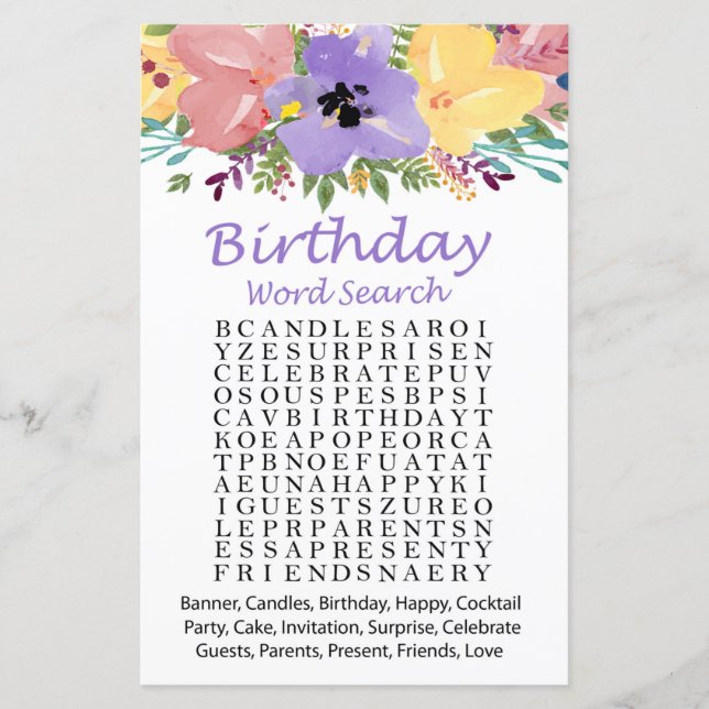 Watercolor flowers Birthday word search game (Front)