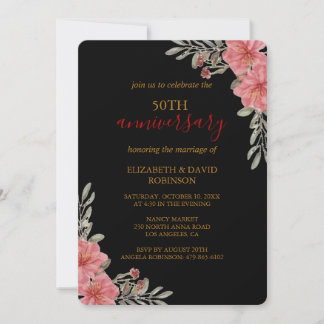 watercolor flowers black 50th anniversary wedding invitation