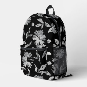 Watercolor flowers black and white floral pattern printed backpack