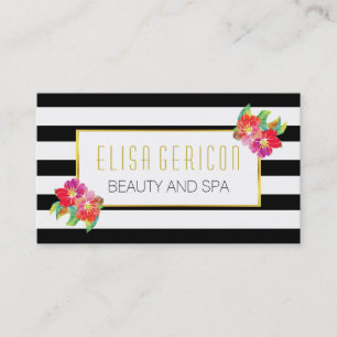 Watercolor flowers black and white stripes floral business card